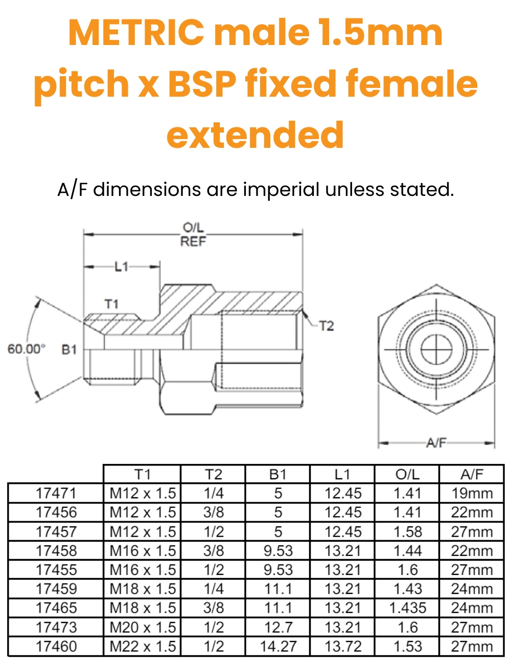 M12 1.5mm Pitch x 1/4 BSP M/Fix Fem Ext Hydraulic Adaptor